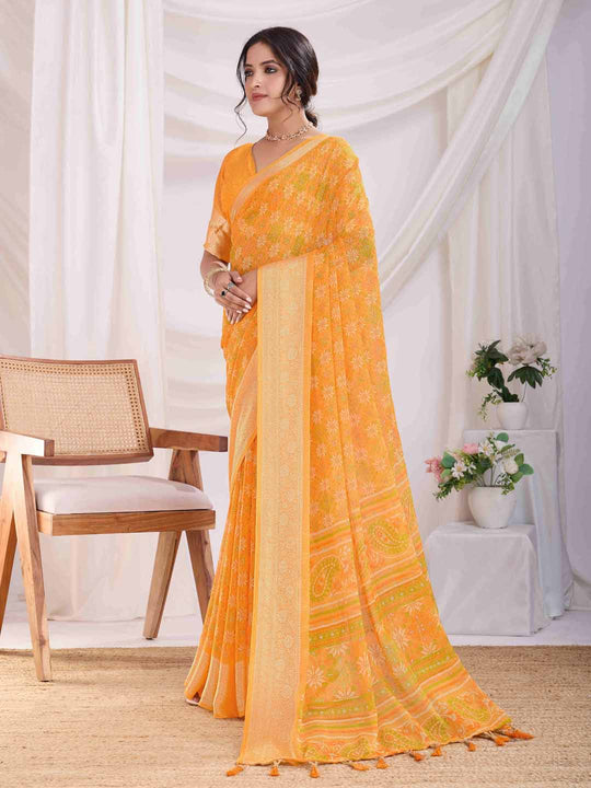 Yellow Pure Chiffon Viscose Border Block Printed Saree With Blouse Piece