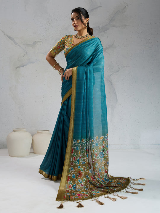 Pure Chiffon Digital Printed Woven Saree With Woven Border And Fancy Tassels
