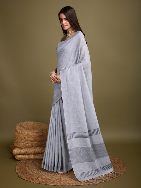 Grey Linen Blend Daily Wear Saree With Blouse Piece