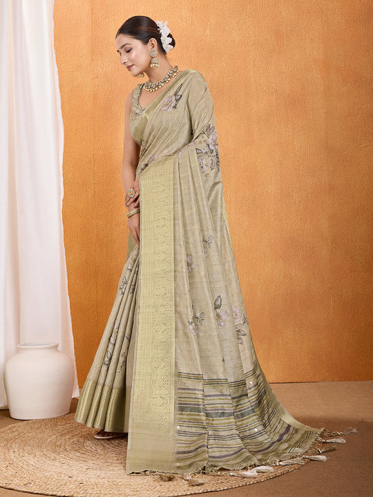 Khaki Silk Blend Saree With Blouse Piece