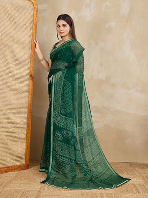 Pure Chiffon Bandhani Printed Saree With Viscose Woven Border And Blouse Piece