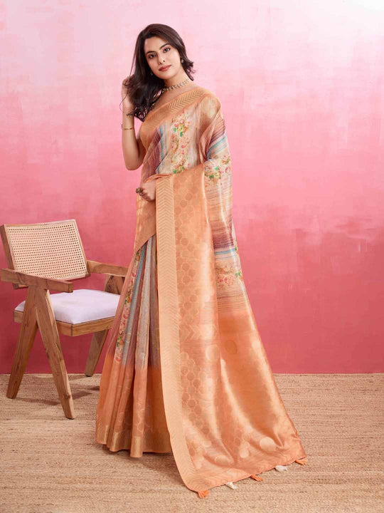 Peach Cotton Banarasi Woven Rich Pallu Printed Saree With Blouse Piece