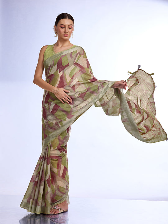 Green Linen Blend Saree With Blouse Piece