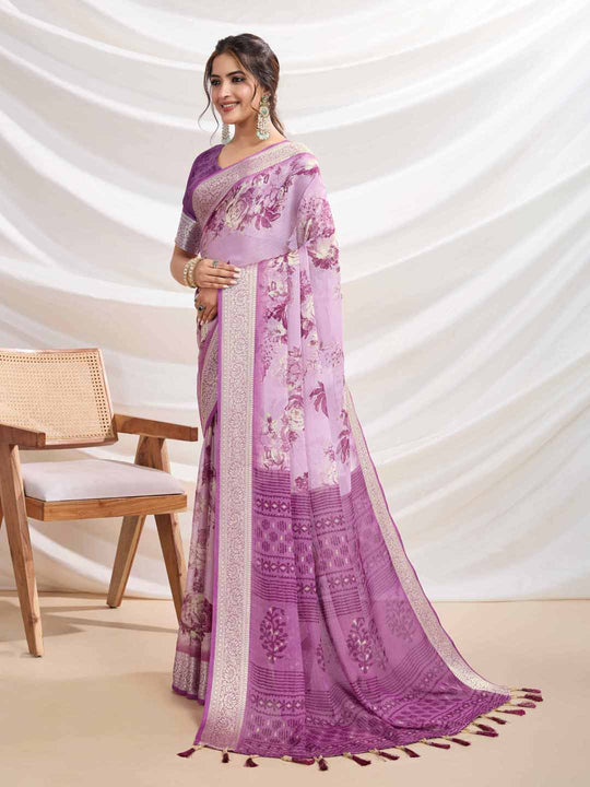 Pink Silk Chiffon Viscose Border Floral Printed Saree Saree With Blouse Piece