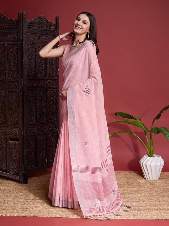 Peach Linen Blend Saree With Blouse Piece