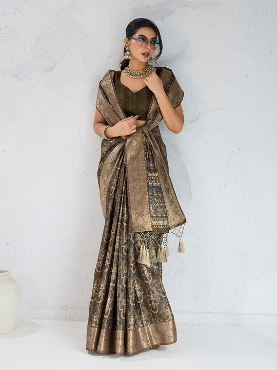 Poly Silk Woven Floral Digital Printed Saree With Woven Jacquard Border And Fancy Tassels
