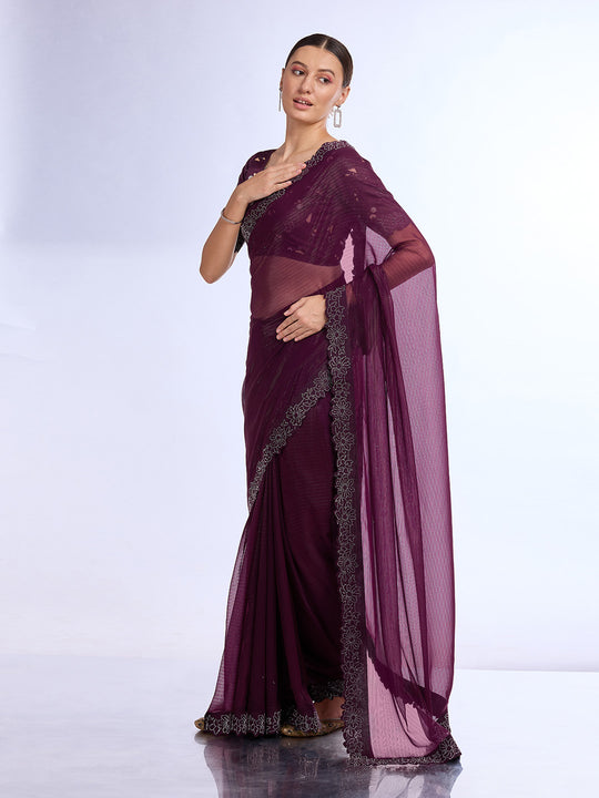 Wine Georgette Saree With Blouse Piece