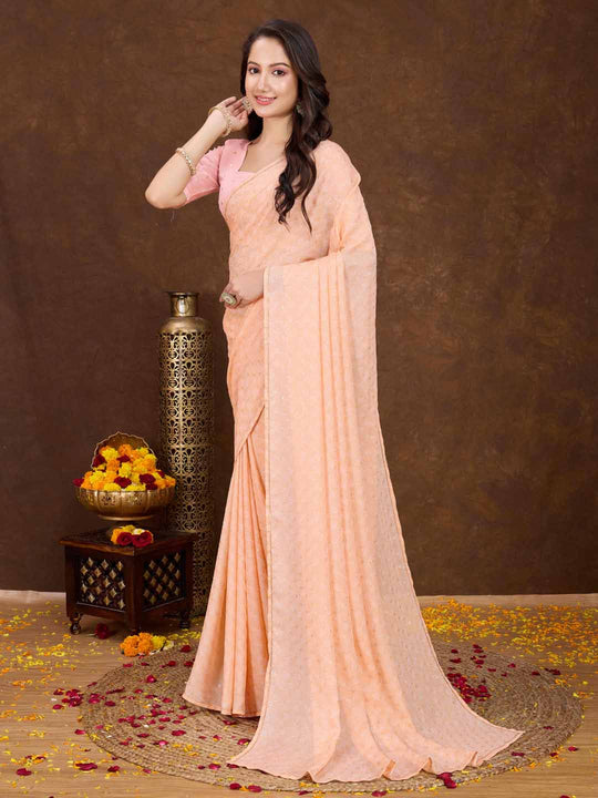 Orange Crepe Georgette Gold Foil Embellished Printed Saree With Blouse Piece
