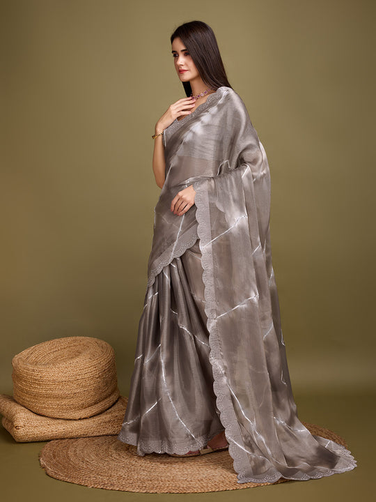Brown Organza Party Wear Saree With Blouse Piece