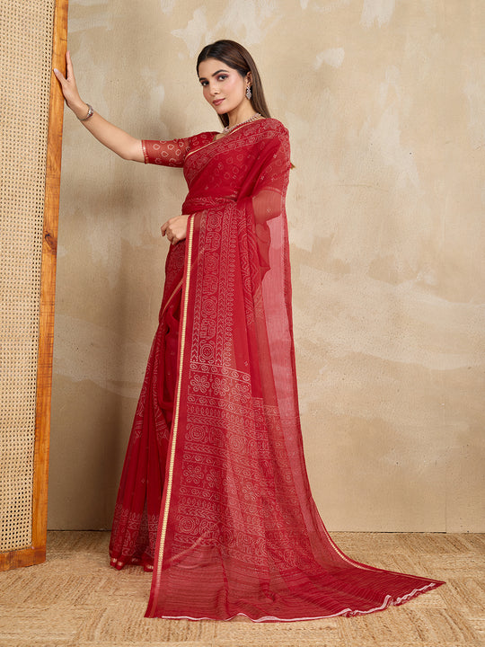 Pure Chiffon Bandhani Printed Saree With Viscose Woven Border And Blouse Piece