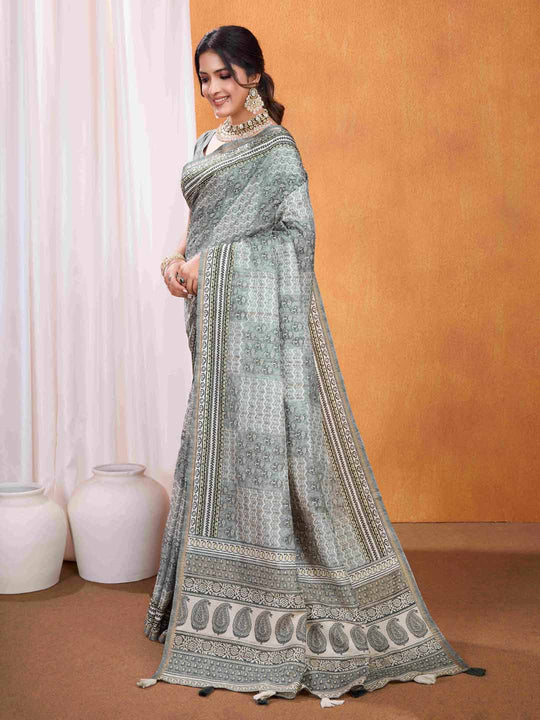 Grey Pure Tussar Silk Ajrakh Block Printed With Blouse Piece
