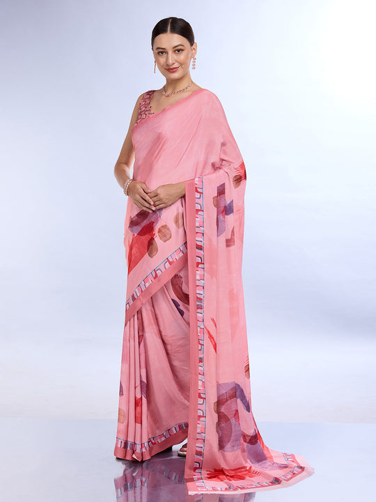 Pink Satin Saree With Blouse Piece