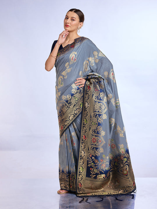 Grey Pure Silk Saree With Blouse Piece