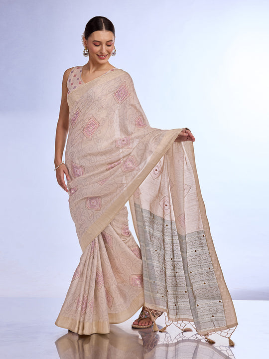 Cream Tissue Saree With Blouse Piece