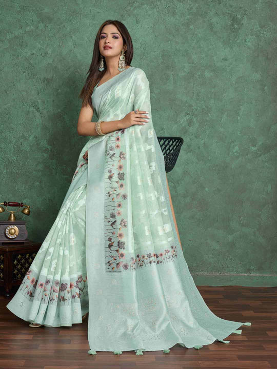 Seagreen Pure Cotton Lucknowi Woven Printed Saree With Tassels Saree With Blouse Piece