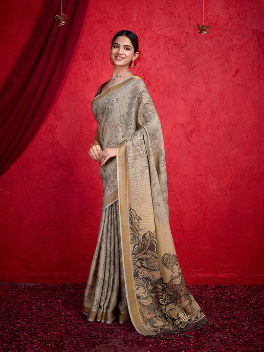 Brown Poly Silk Festival Saree With Blouse Piece