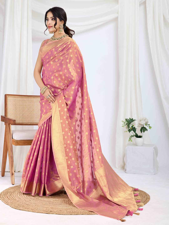 Pink Pure Tissue Silk Banarasi Saree With Brocade Blouse Piece
