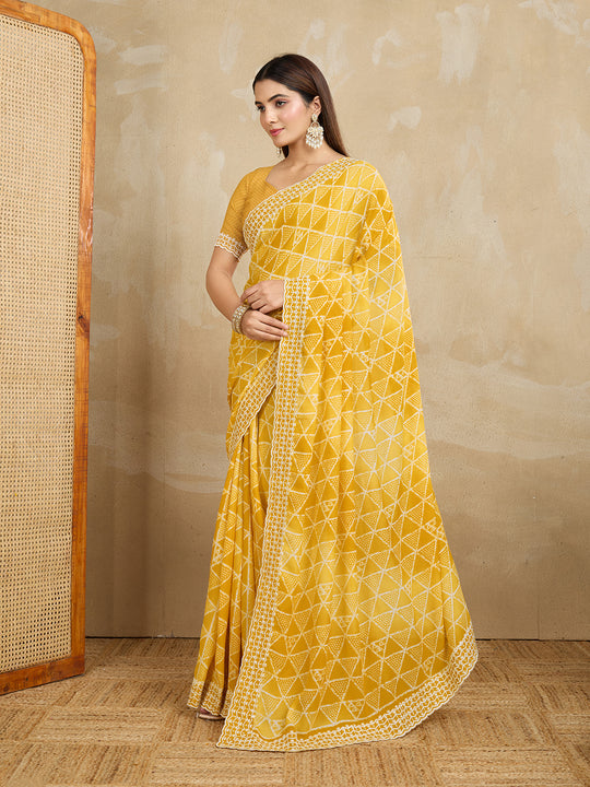 Poly Georgette Geometric Printed Saree With Embroidered Border And Blouse Piece
