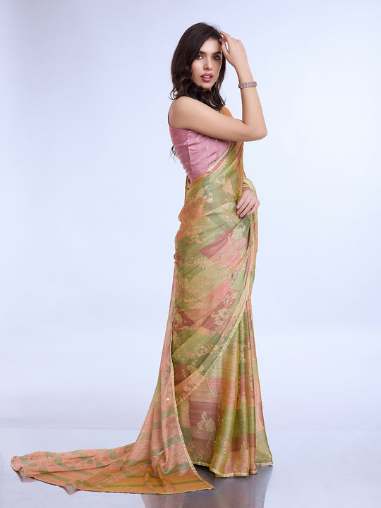 Pink Poly Chiffon Festive Wear Saree With Blouse Piecde