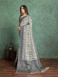 Milkywhite Pure Handloom Tussar Woven Pallu Ajrakh Printed With Blouse Piece