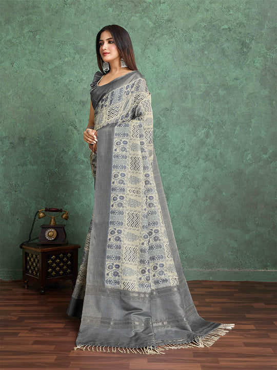 Milkywhite Pure Handloom Tussar Woven Pallu Ajrakh Printed With Blouse Piece