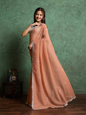 Pure Georgette Solid Embroidered Saree With Scalloping And Fancy Blouse