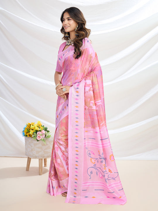 Pink Handloom Silk Festive Wear Saree With Blouse Piece