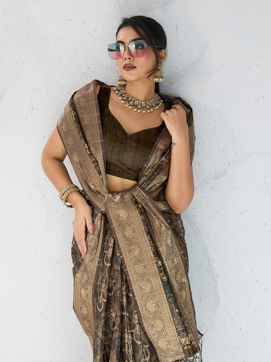 Poly Silk Woven Floral Digital Printed Saree With Woven Jacquard Border And Fancy Tassels