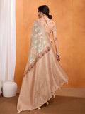 Beige Pure Cotton Lucknowi Woven Banarasi Saree With Ombre Floral Prints