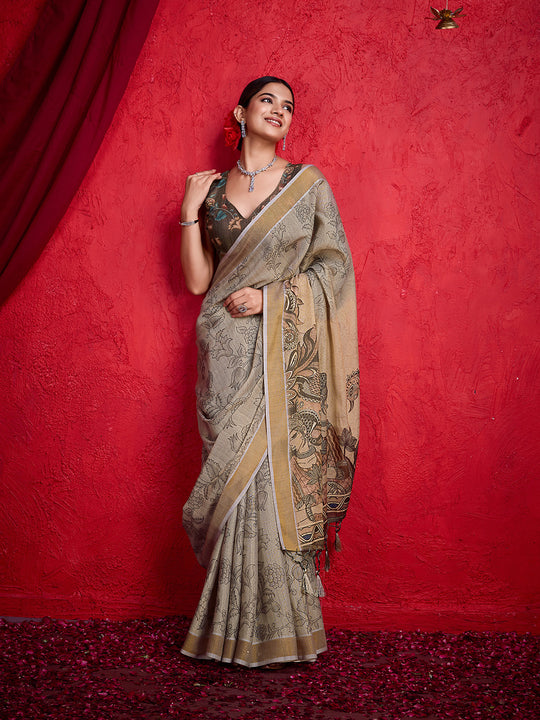 Brown Poly Silk Festival Saree With Blouse Piece