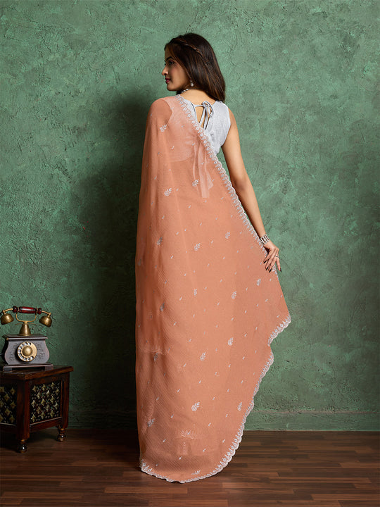 Pure Georgette Solid Embroidered Saree With Scalloping And Fancy Blouse