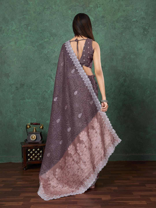 Brown Cotton Banarasi Printed Saree With Thread Embroidery Scalloping  Saree With Blouse Piece