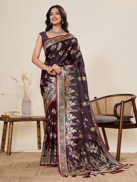 Maroon Soft Silk Sarees Premium Two Tone Satin Fabric With Unique Pathani Type Designs Saree With Blouse Piece