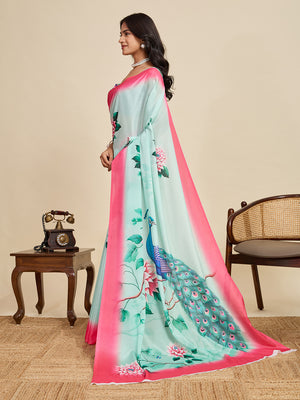 Ice Blue Chinon Saree All Over Single Colour Printed Saree With Blouse Piece
