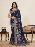 Blue Cotton Saree With All Over Light Single Colour With Table Printed And Border Piping Saree With Blouse Piece