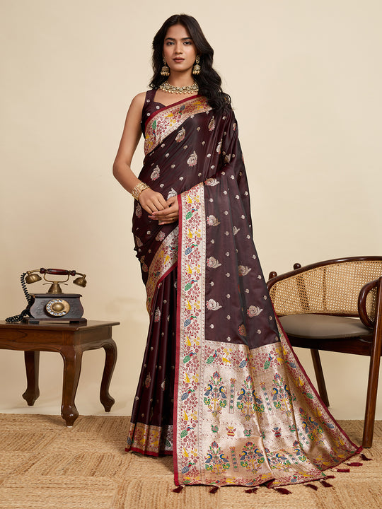 Maroon Soft Silk Sarees Premium Two Tone Satin Fabric With Unique Pathani Designs Saree With Blouse Piece