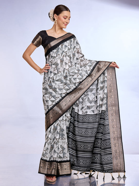 White & Black Dola Silk Saree With Blouse Piece