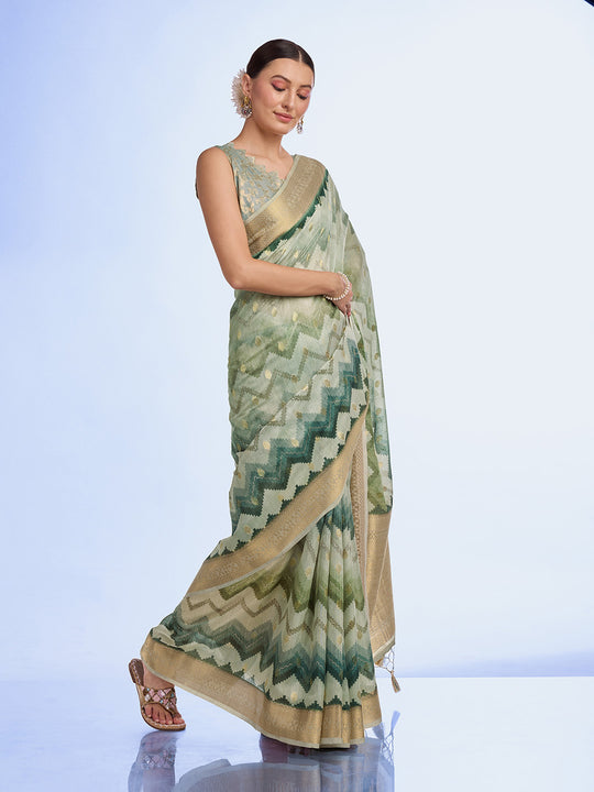 Green Cotton Blend Saree With Blouse Piece