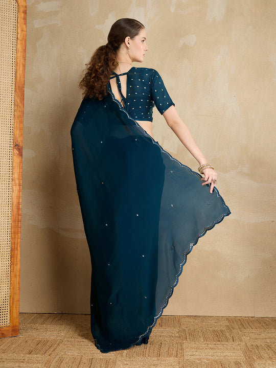 Embellished Mirror Work Organza Saree With Blouse Piece