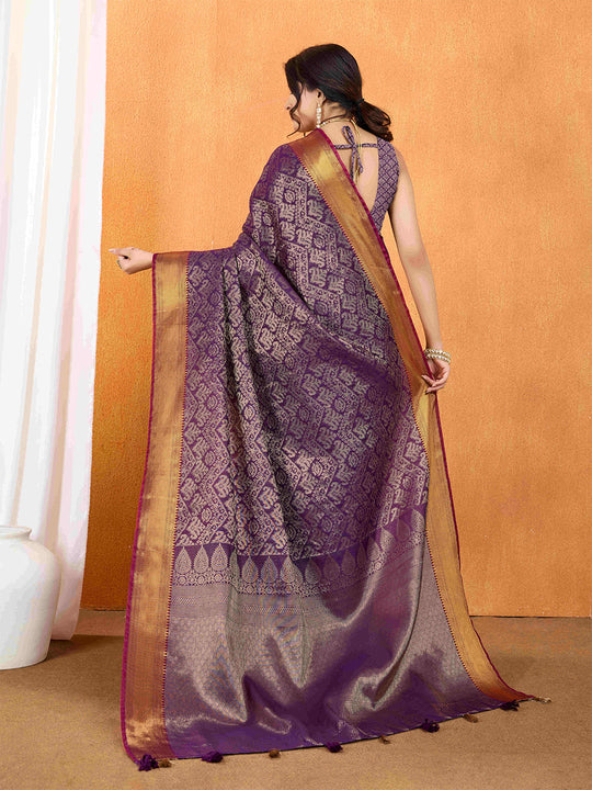 Wine Ikkat Woven Kajeevaram Silk Rich Pallu With Blouse Piece