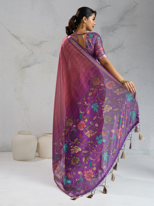 Pure Chiffon Digital Printed Woven Saree With Woven Border And Fancy Tassels