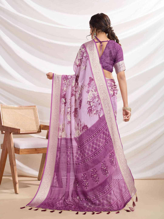 Pink Silk Chiffon Viscose Border Floral Printed Saree Saree With Blouse Piece