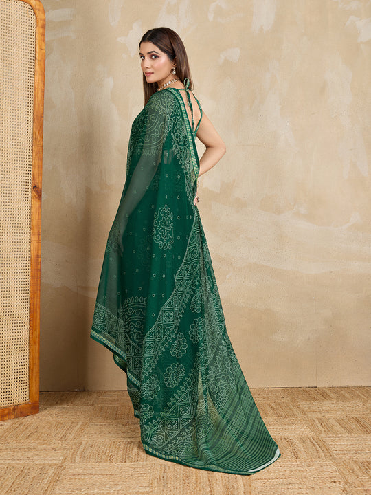Pure Chiffon Bandhani Printed Saree With Viscose Woven Border And Blouse Piece