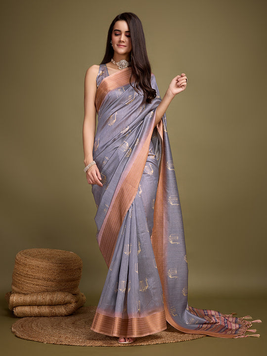 Blue Silk Blend Saree With Blouse Piece