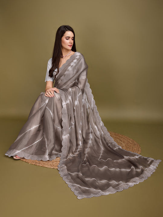 Brown Organza Party Wear Saree With Blouse Piece