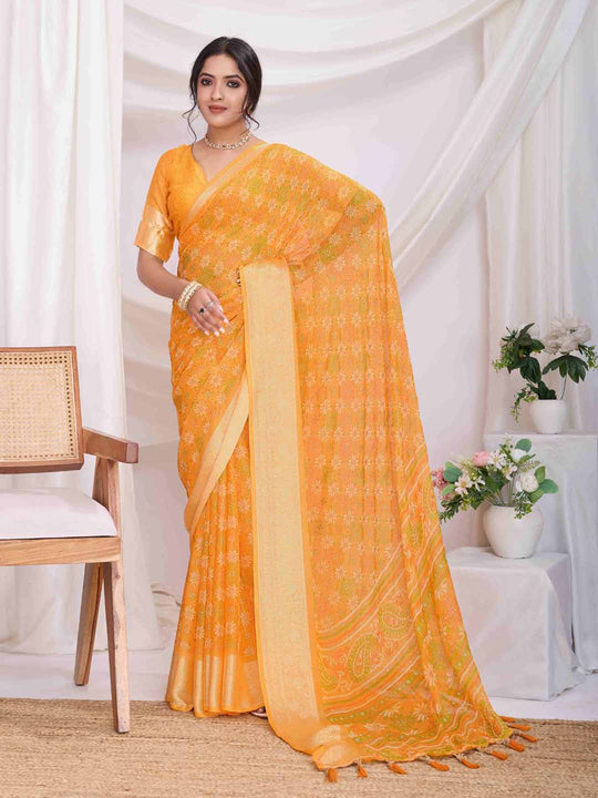 Yellow Pure Chiffon Viscose Border Block Printed Saree With Blouse Piece