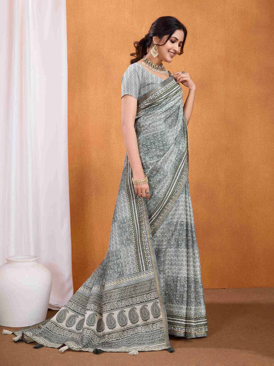 Grey Pure Tussar Silk Ajrakh Block Printed With Blouse Piece