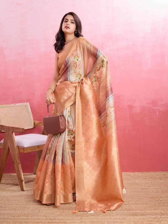 Peach Cotton Banarasi Woven Rich Pallu Printed Saree With Blouse Piece