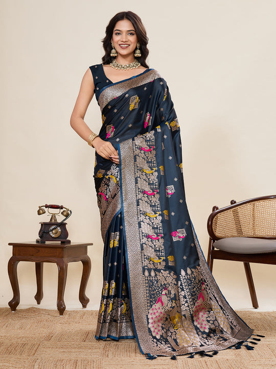 Blue Soft Silk Sarees Premium Two Tone Satin Fabric With Unique Pathani Type Designs Saree With Blouse Piece