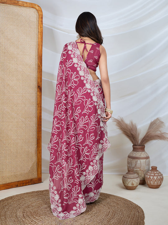 Poly Georgette Geometric Print Saree With Embroidery And Scaloping Work With Unstitched Blouse Piece